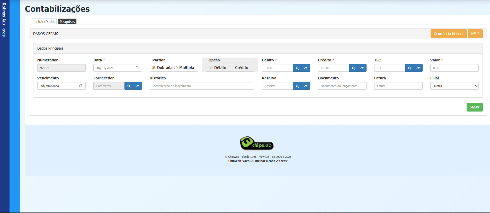 Rotina de Contabilizações - Inclusão