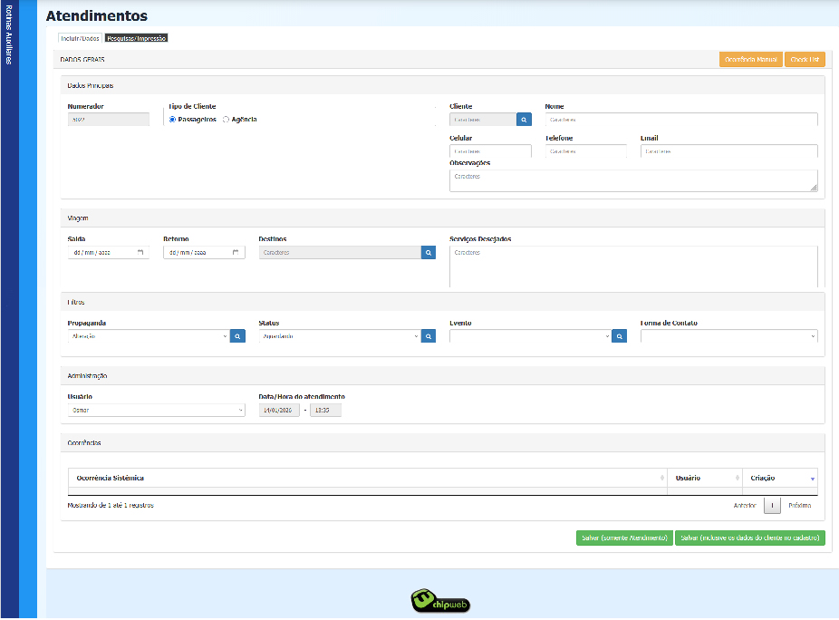 Tela de inserção de Atendimentos