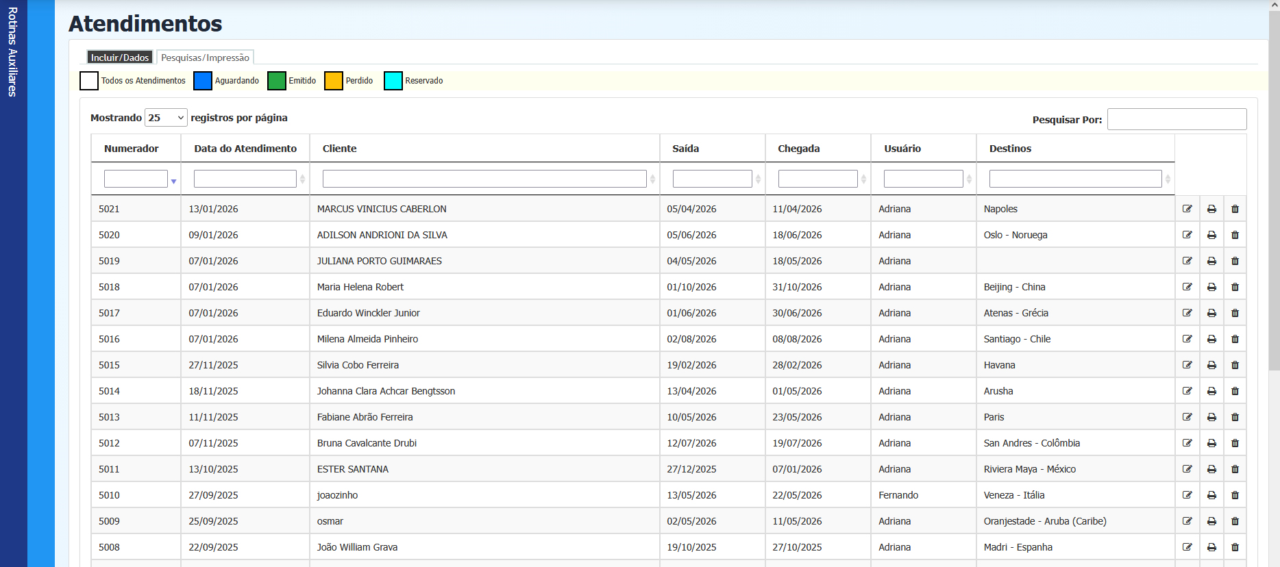 Tela de pesquisa de atendimentos