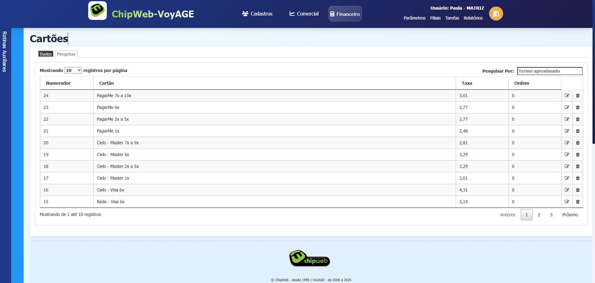 Tela de pesquisa de cartões