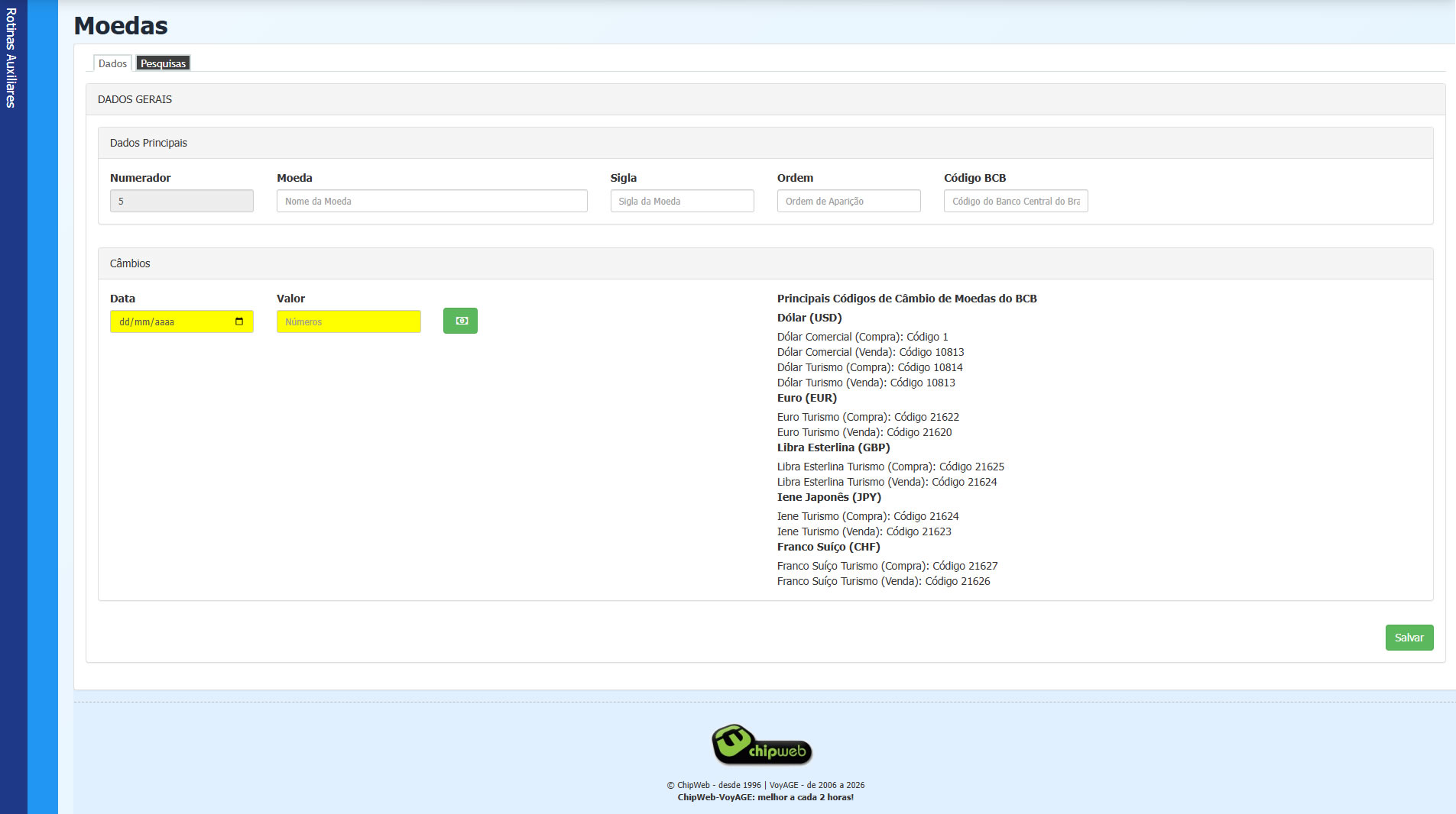 Tela de inserção de Moedas