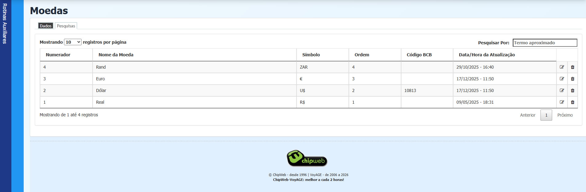 Tela de pesquisa de Moedas