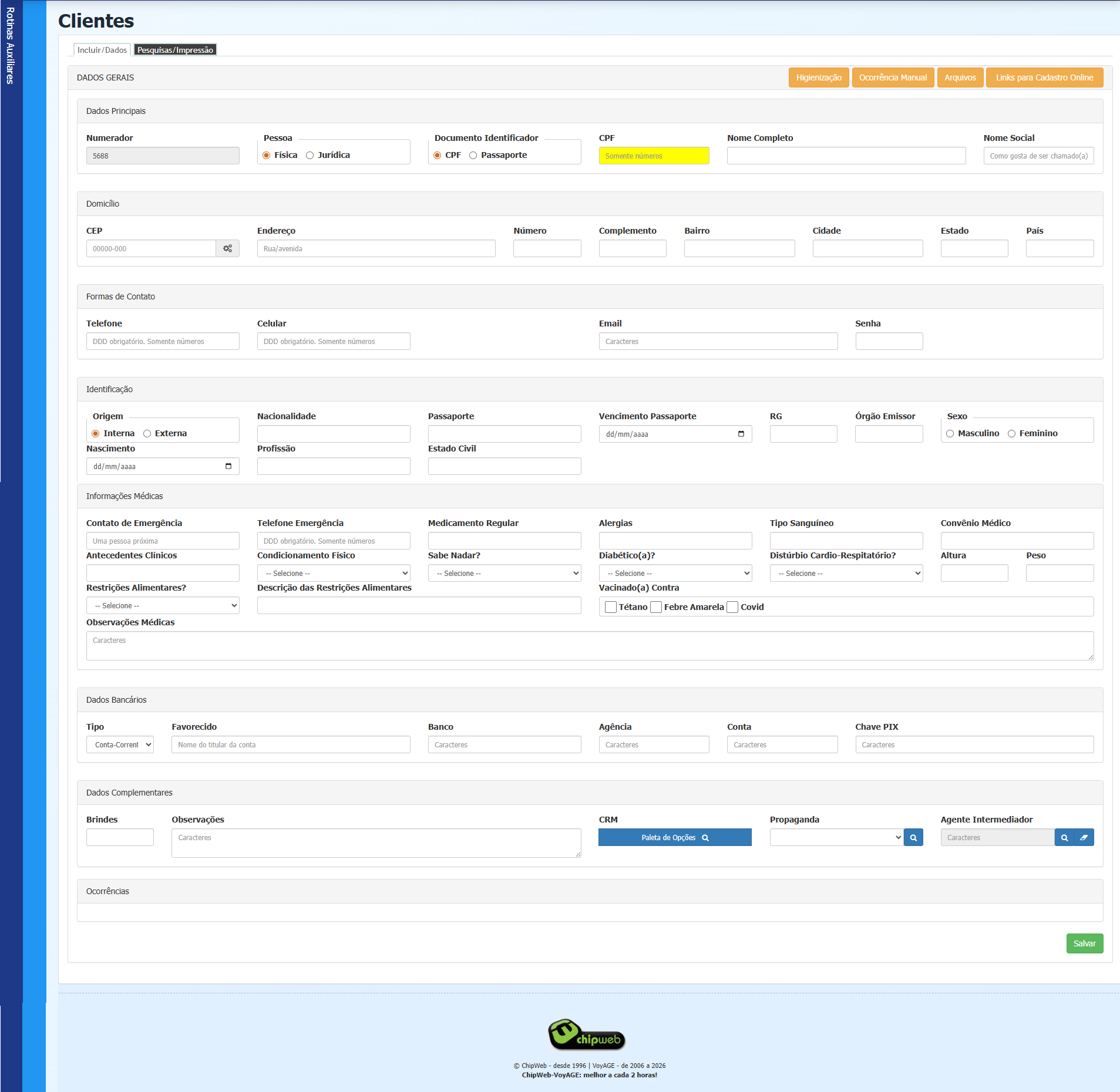 Tela de inserção de clientes