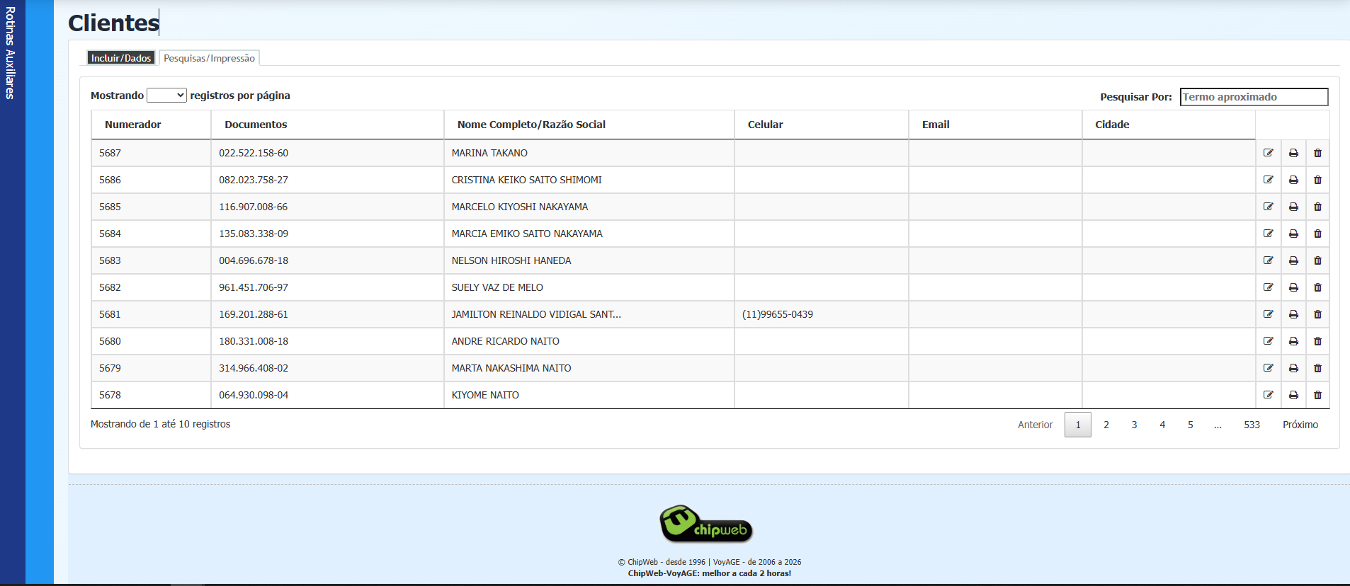 Tela de pesquisa de clientes