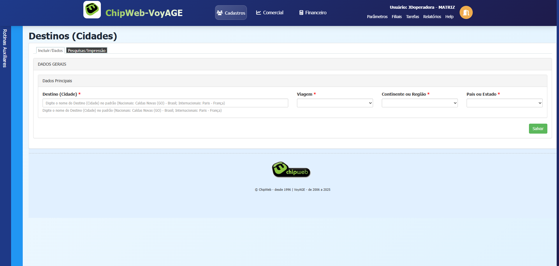 Tela de inserção de destinos