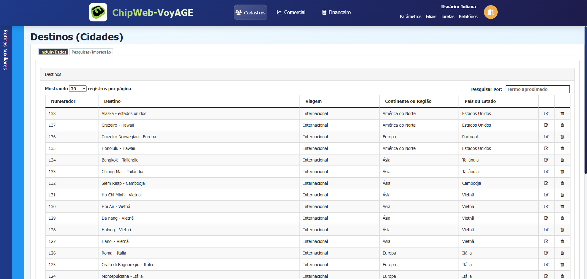 Tela de pesquisa de destinos