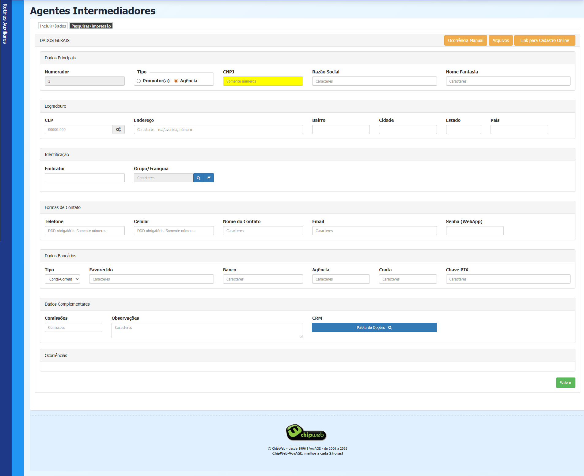 Tela de inserção de agentes