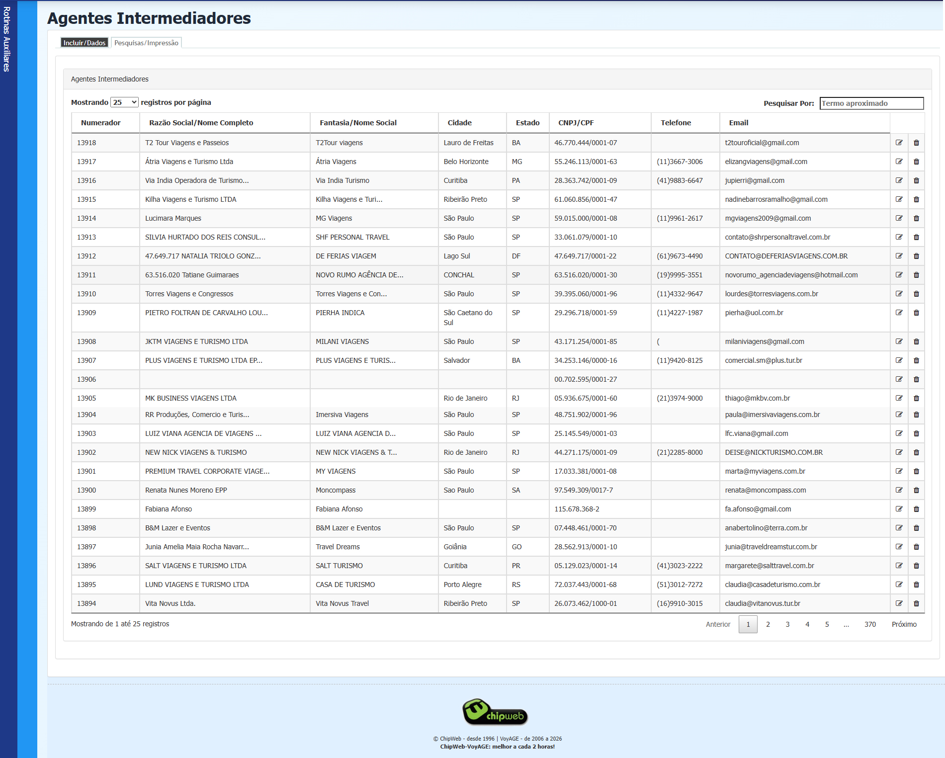 Tela de pesquisa de agentes