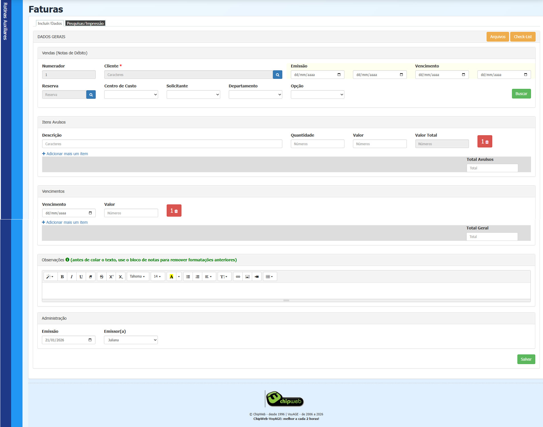 Tela de inserção de Faturas