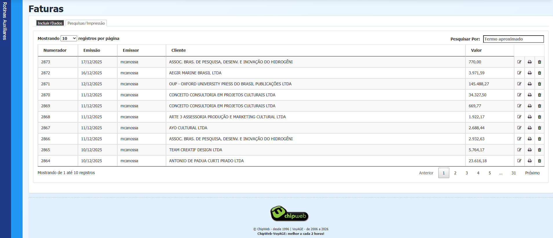 Tela de pesquisa de Faturas