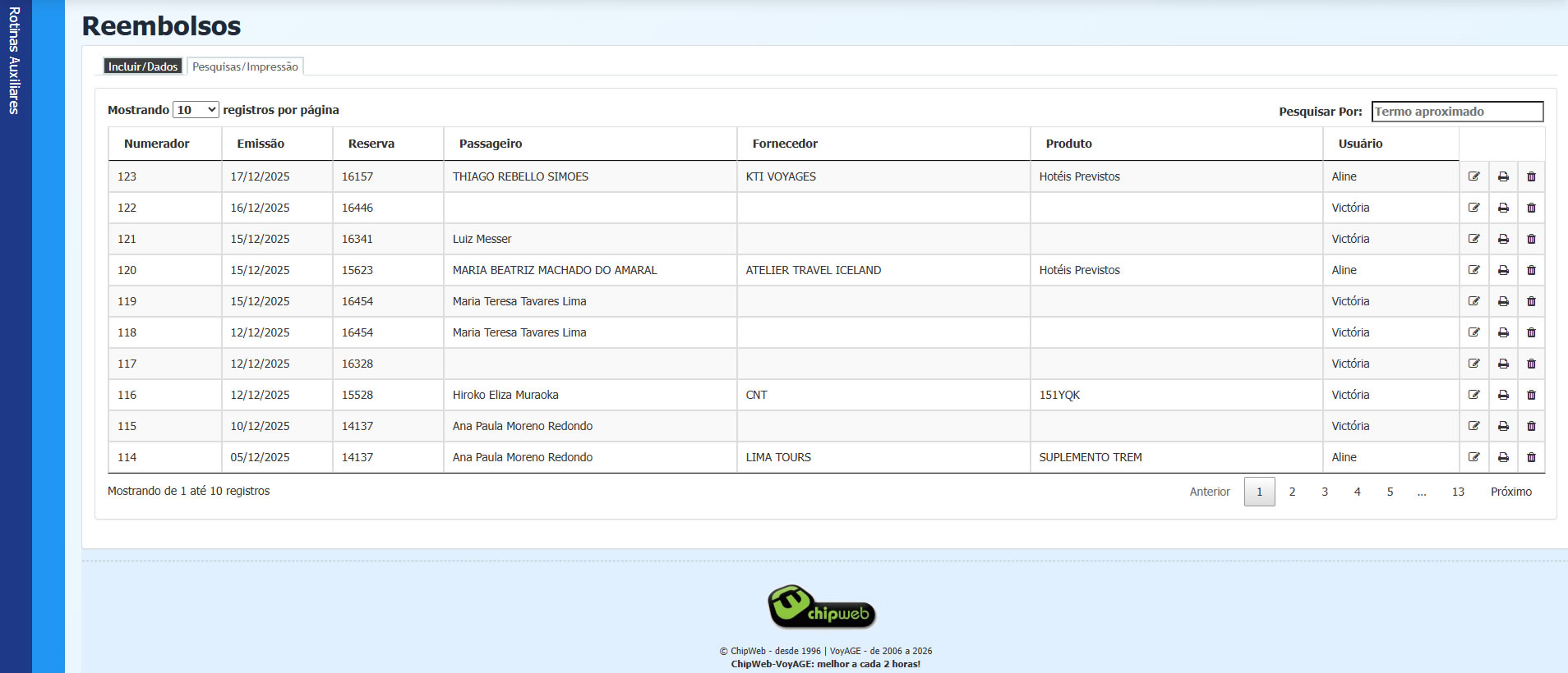 Tela de pesquisa de Reembolsos