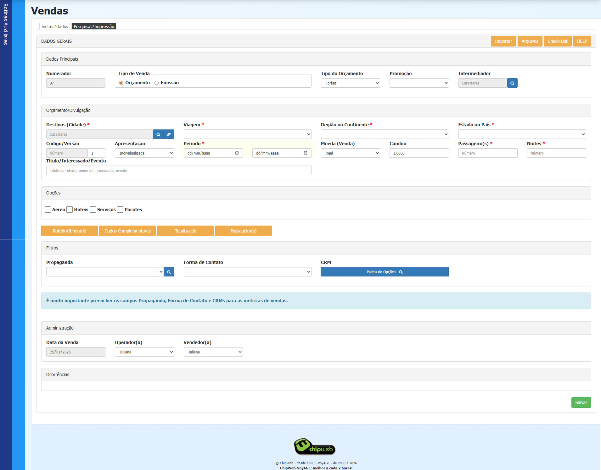 Tela de inserção de Vendas