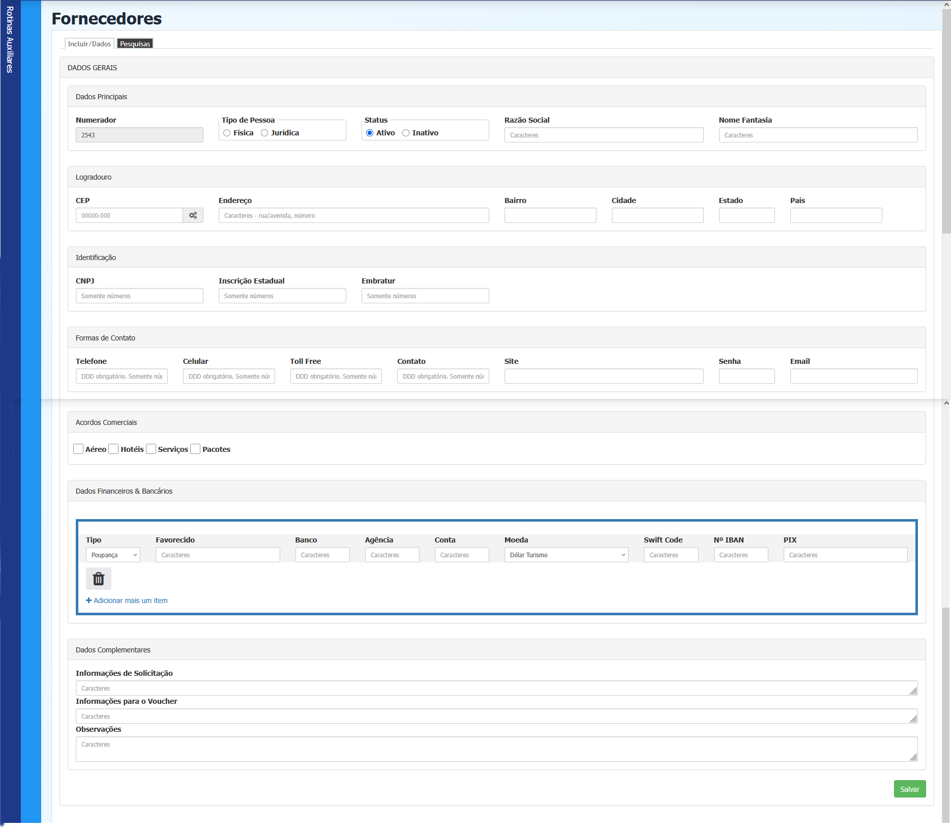 Tela de inserção de fornecedores