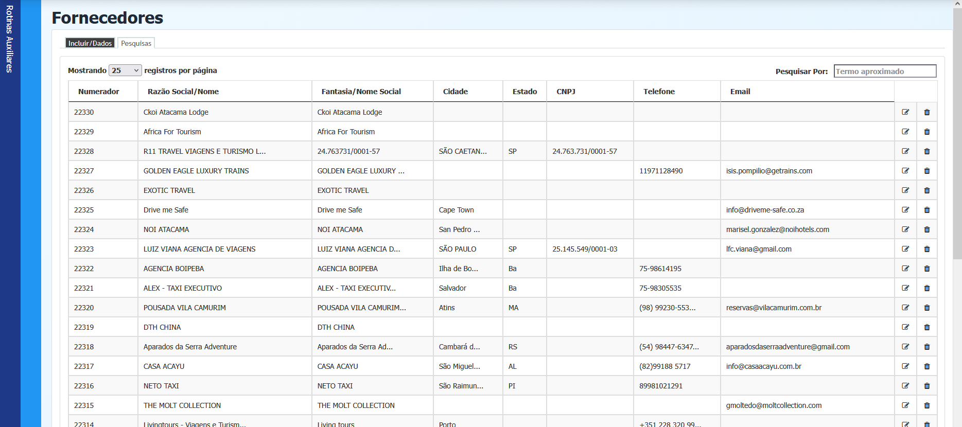 Tela de pesquisa de fornecedores
